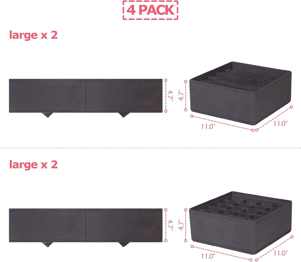 DIOMMELL 4 Pack Foldable Cloth Storage Box Closet Dresser Drawer Organizer Fabric Baskets Bins Containers Divider for Clothes Underwear Bras Socks Lingerie Clothing, Dark Grey 22-0000
