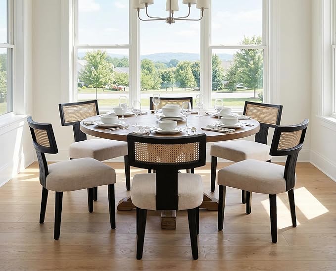 Rattan Dining Chairs Set of 6, Modern Dining Chair Kitchen Dining Room Chair, Curved Cane Back Upholstered Linen Fabric Dining Chair with Black Wood Frame, Beige