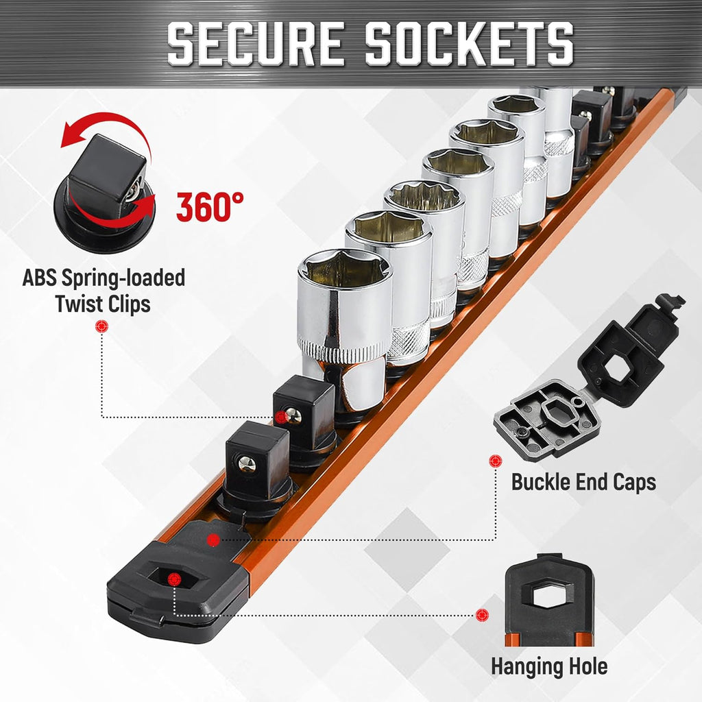 ALOANES 1/2-Inch Drive Magnetic Socket Organizer, Heavy Duty Aluminum Socket Rail Organizer, 360° Swivel Clips Socket Holder Kit for Tool Box, 1/2-Inch Socket Holder x 12 Clips (Orange)