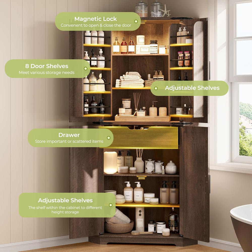 Dripex 71" Corner Cabinet Brown, Farmhouse Kitchen Pantry Cabinet with D...