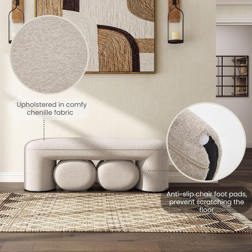 53" Chenille Ottoman Bench with 2 Nesting Ottomans, Oatmeal | 3-Piece Sp...