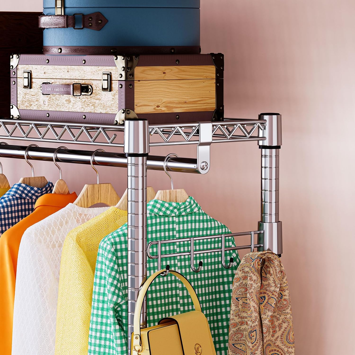 IZEUK 3-Tier Heavy Duty Rolling Garment Rack, Chrome Metal Freestanding Closet Wardrobe Rack with Double Rods and Side Hooks, 15.7" D x 45.3" W x 79.6" H
