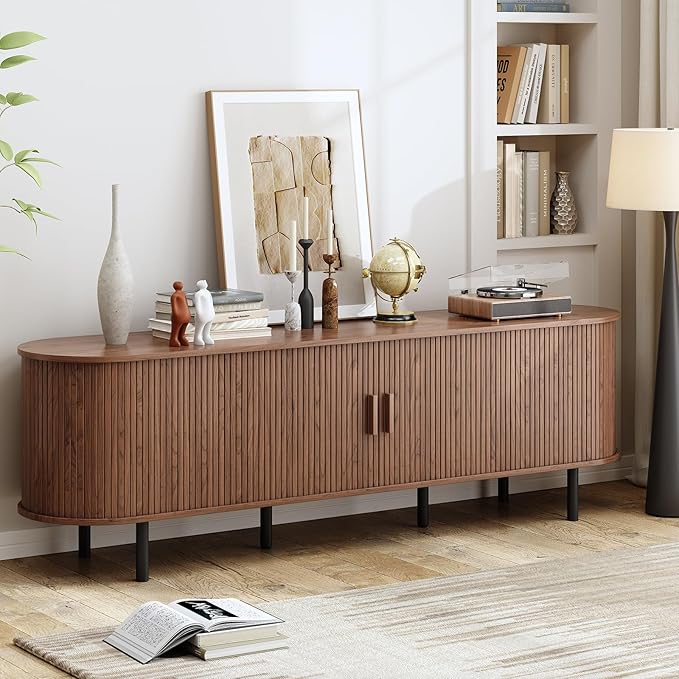 70.8" TV Stand with Power Outlet, Mid-Century Modern Television Stand, Fluted Media Console with Sliding Doors, Entertainment Center for TVs up to 60 Inch, Adjustable Shelves, Walnut