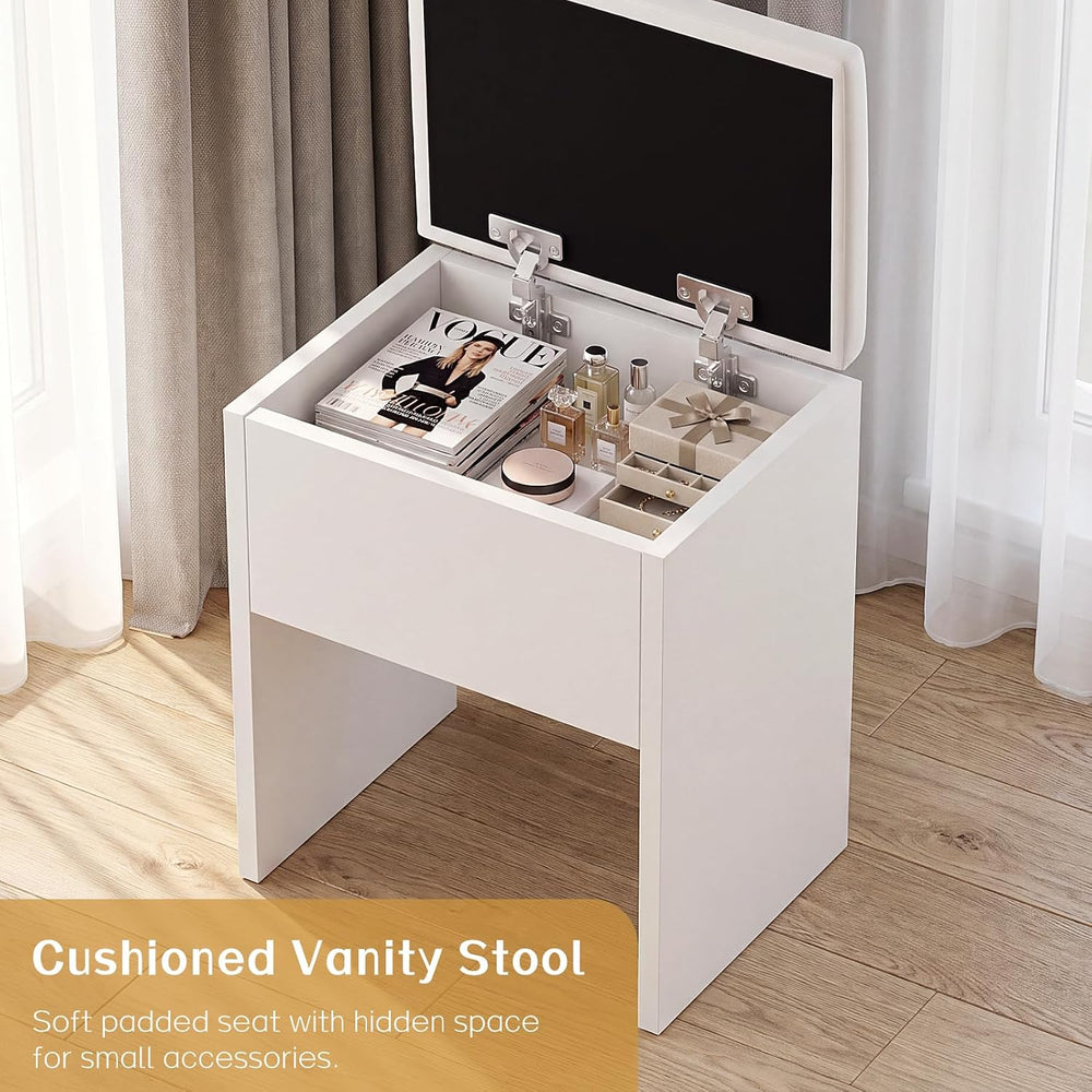 Haewon White Makeup Vanity Desk with Lighted Mirror and Storage Chair | Vanit...
