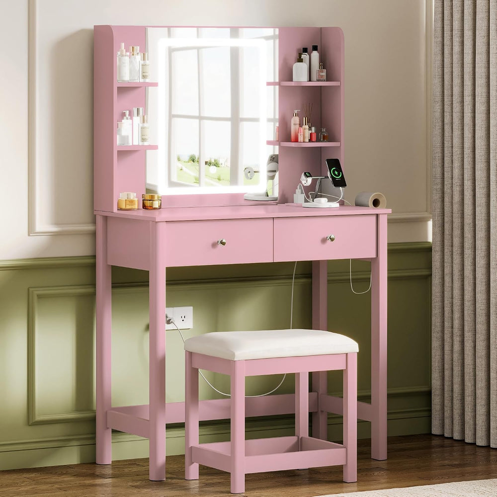 Vanity Desk with LED Mirror, 3 Lighting Modes and Chair | Small Makeup Vanity...