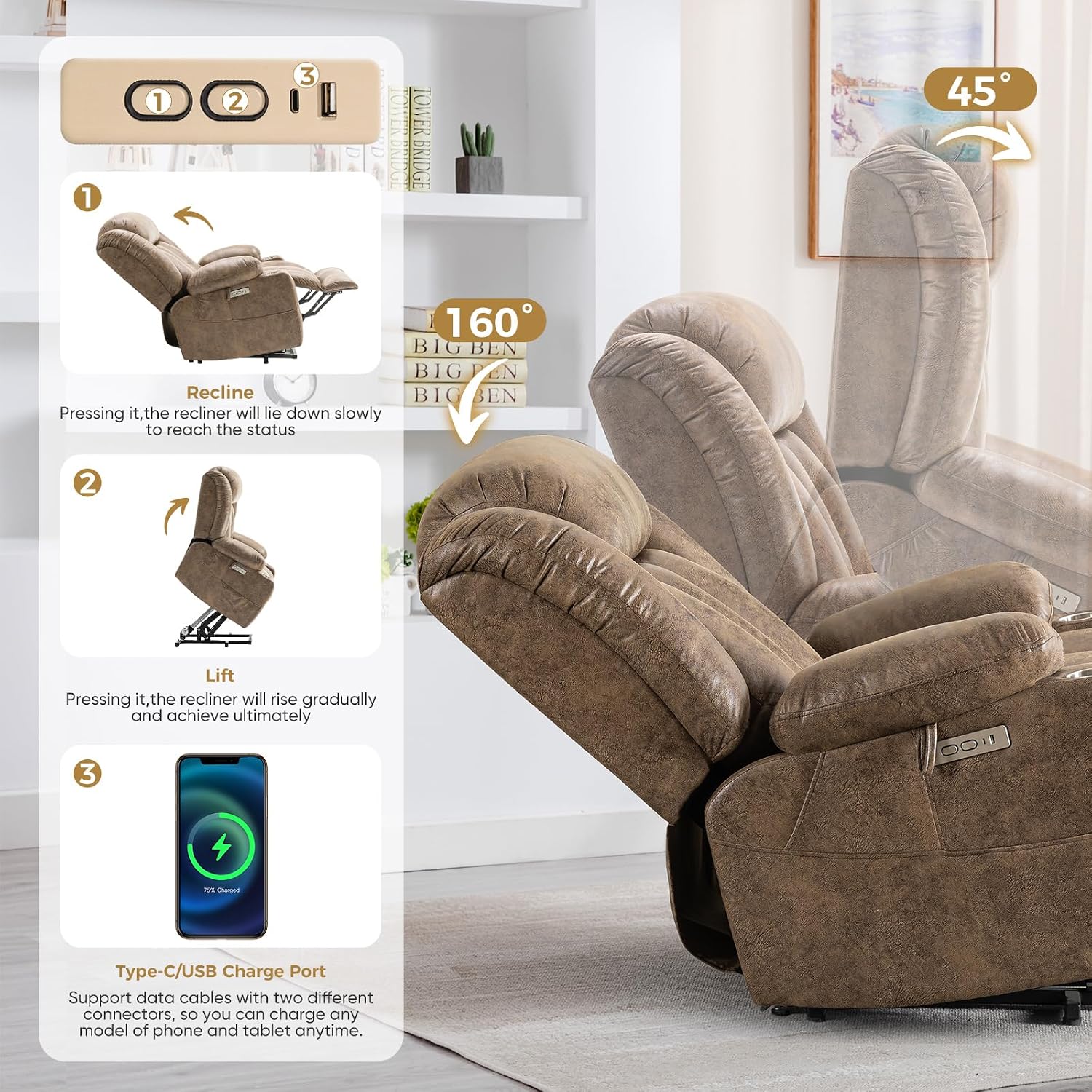 Oversized Power Lift Recliner Chair, Big and Tall, Light Brown | Lift Chairs with Massage and Heating, Breathable Faux Leather with Metal Cup Holders, USB A&C Ports