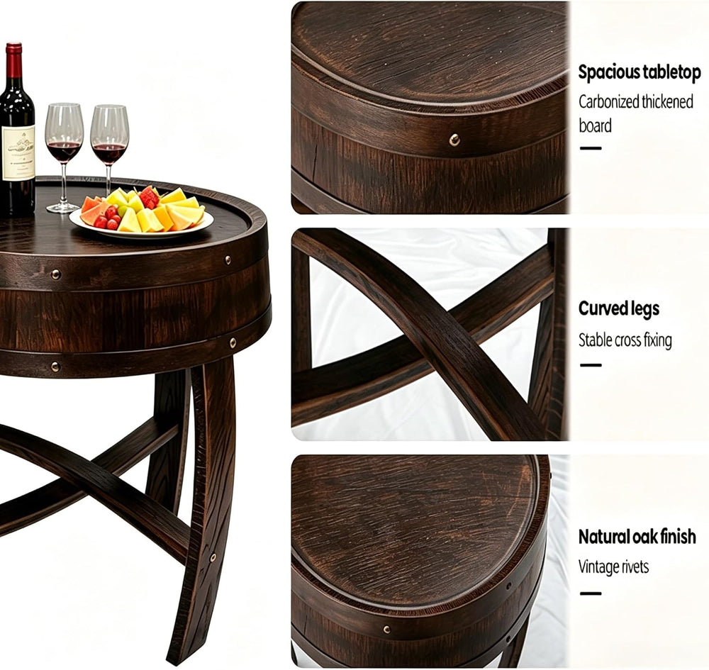 KANG DONG Rustic Round End Table, Whiskey Barrel End Table, Solid Wood Farmho...