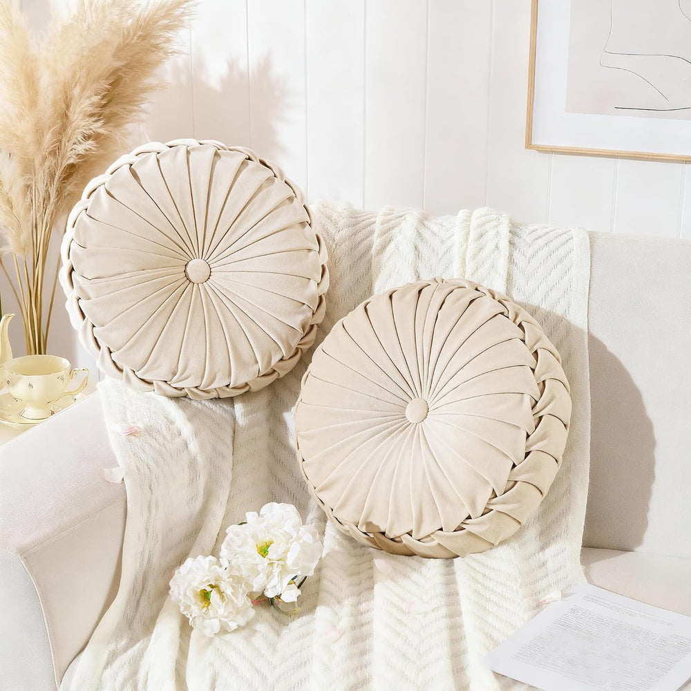 ROSE&RISY Round Pleated Velvet Throw Pillows, 2 Pack Decorative Accent Pu...
