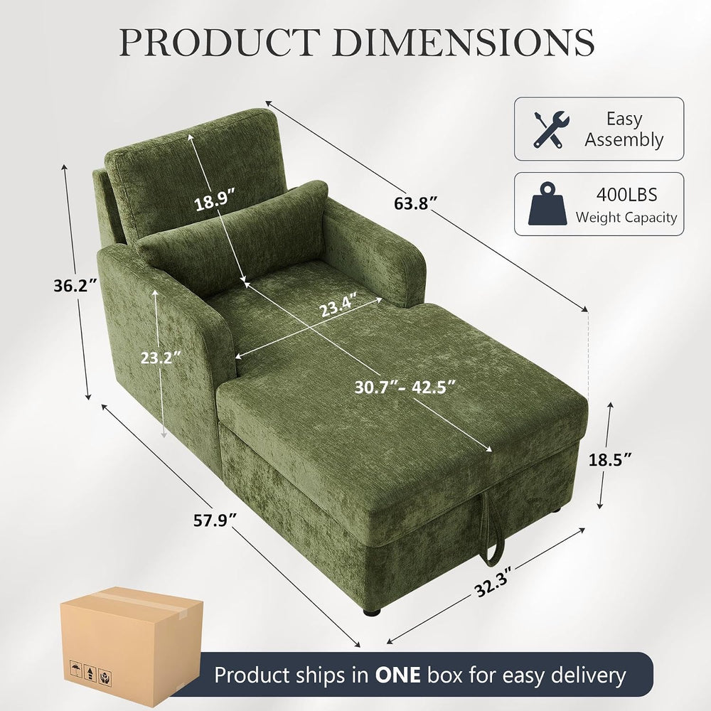 63.8" Oversized Chaise Lounge Chair with Storage, Chenille Green
