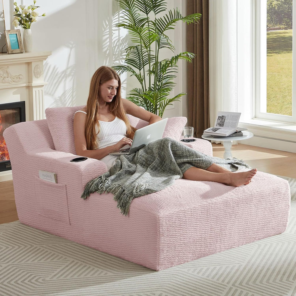 LUCKHAO 49.2" Oversized Chaise Lounge Chair Indoor,Faux Fur Reading Chai...