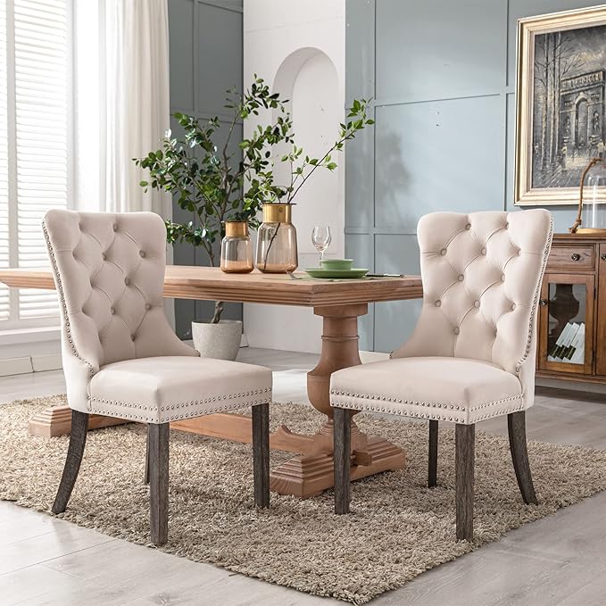 KCC Velvet Dining Chairs Set of 6, Upholstered High-end Tufted Dining Room Chair with Nailhead Back Ring Pull Trim Solid Wood Legs, Nikki Collection Modern Style for Kitchen, Beige