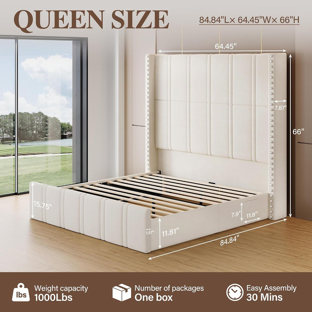 Queen Bed Frame with 65.75" Tall Headboard, Beige