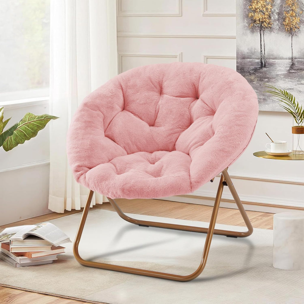 Simple Deluxe Comfy Chairs for Bedroom, Faux Fur Saucer Chair for Adults, Oversized Comfy Soft Saucer Chair, Padded Lazy Chair for Living Room Dorm Rooms, Pink