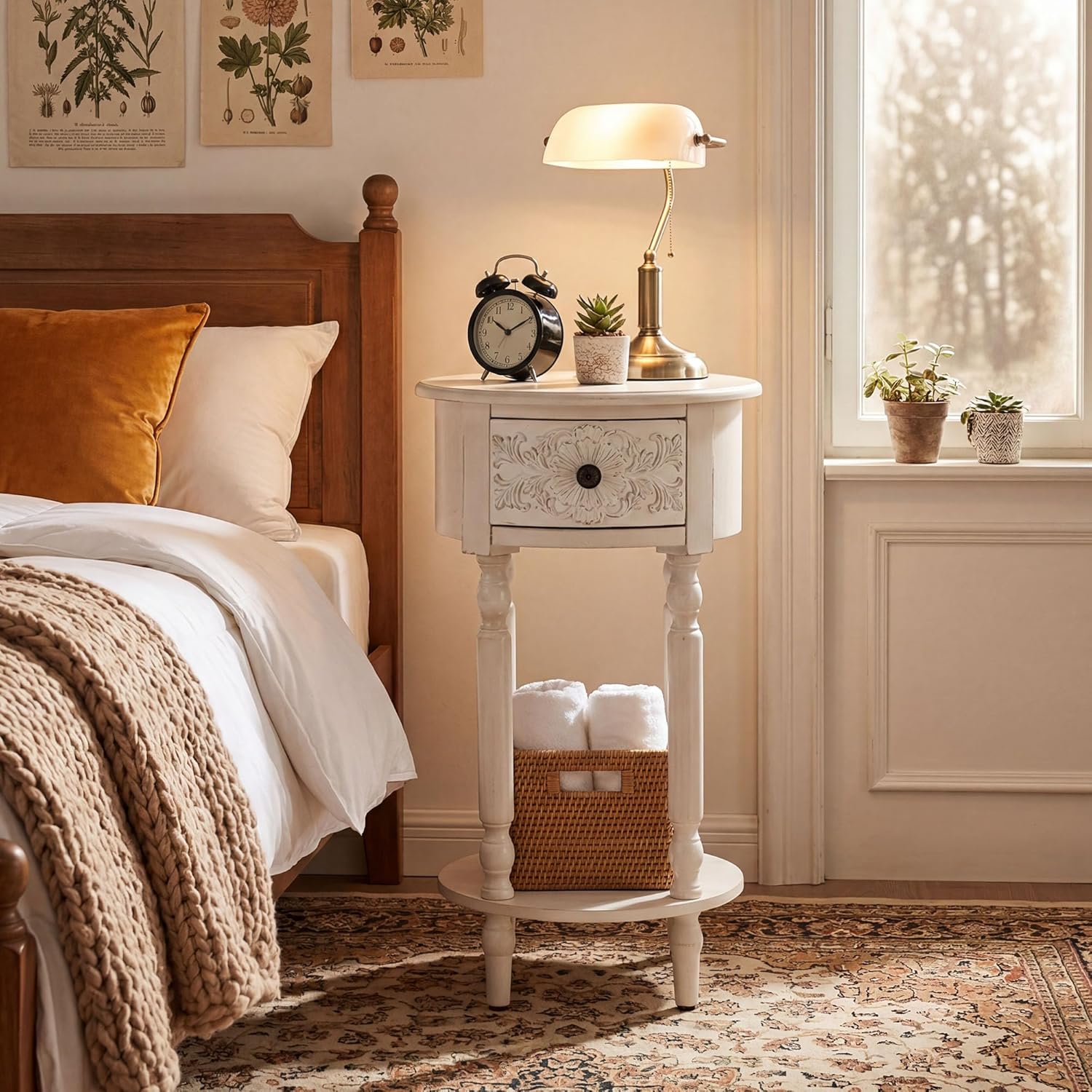 HOMPUS Farmhouse Nightstand with Drawer, Wooden End Table with Open Shelf, Vintage Bedside Table with Plumbago Flower Pattern, Small Side Table Accent Table for Bedroom, Small Spaces (White, 1 PC)
