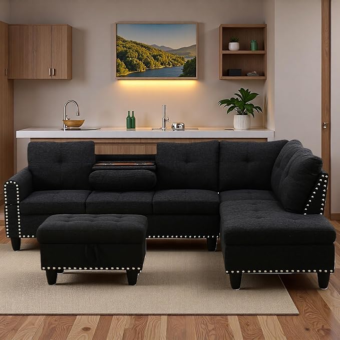 Sectional Couches for Living Room with Movable Chaise & Storage Ottoman -...