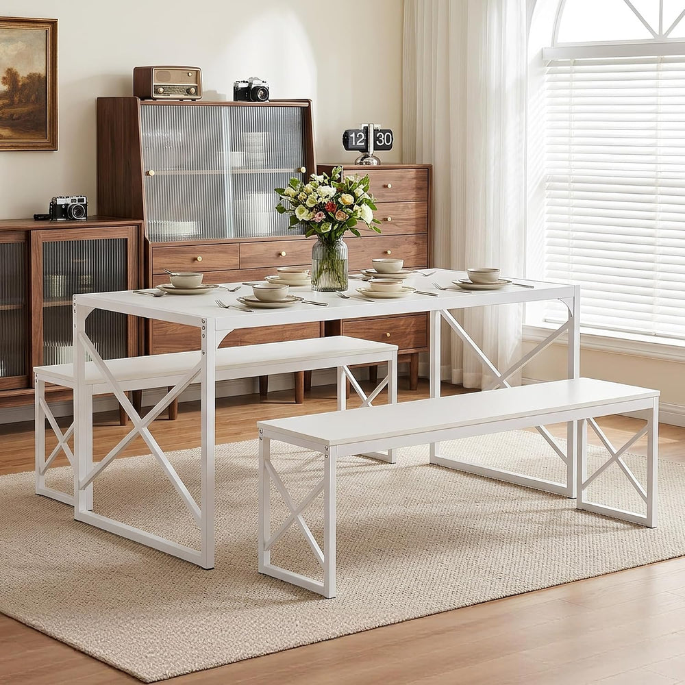 VECELO 55” Kitchen Dining Table Set for 4, Heavy-Duty Steel Frame & Wood-...