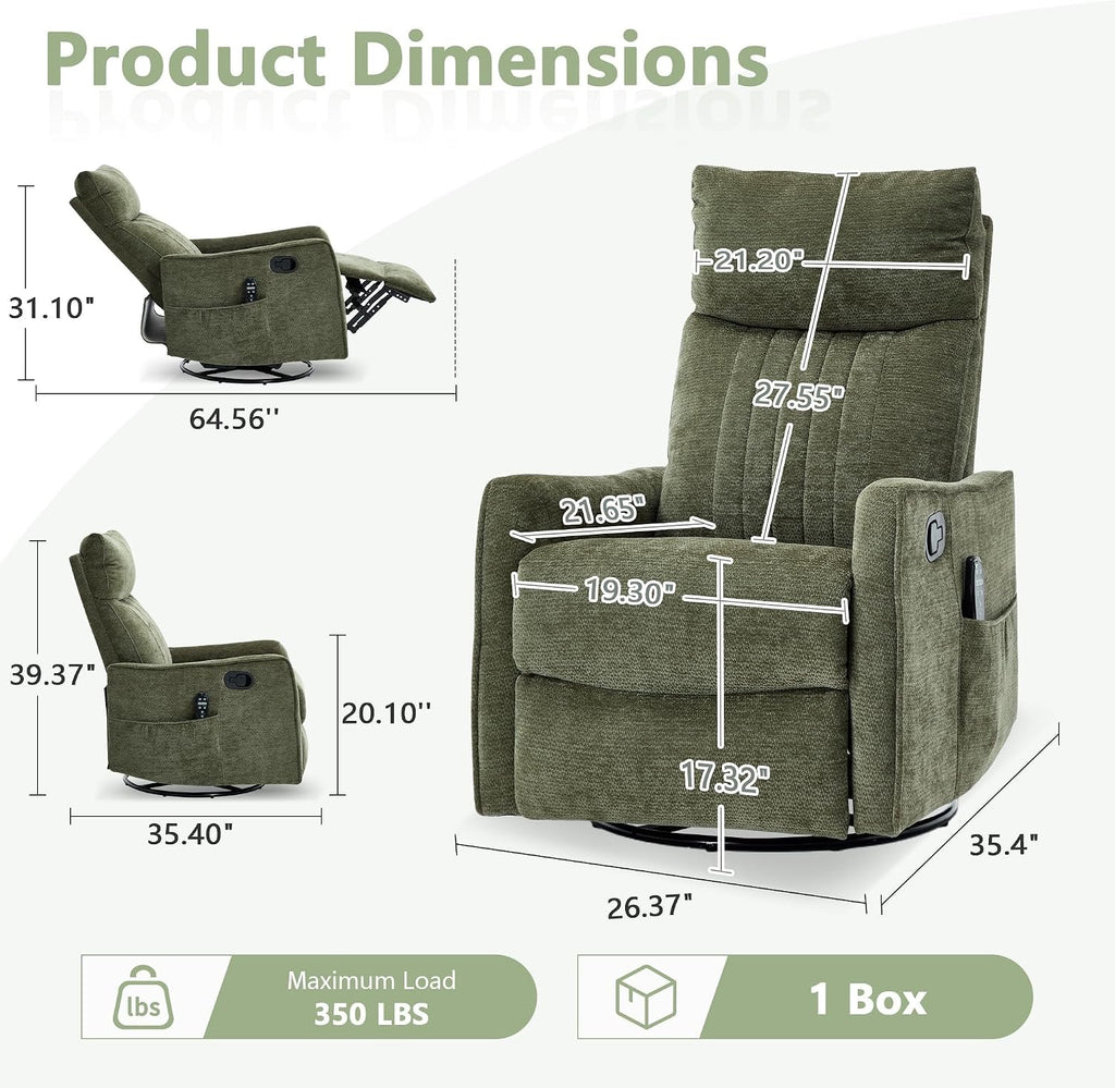 Swivel Rocker Glider Recliner Chair for Nursery and Small Spaces with Heated Massage Manual Rocking Recliner Sofa for Living Room Home Theater