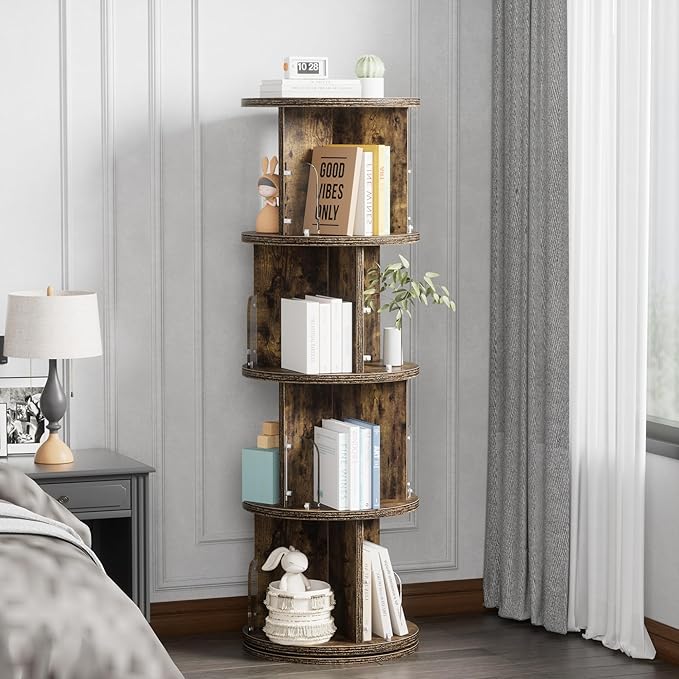 VECELO Rotating Bookshelf Tower, 360°Revolving Bookcase, Modern Tall Book Shelf Storage Display Rack Floor Standing, 4 Tier Storage Rack for Kids&Adults Solid Wood, Brown