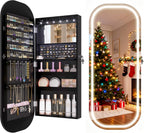 LVSOMT LED Mirror Jewelry Cabinet, Wall/Door Mount Jewelry Mirror Organizer, Rounded Full Length Mirror with Storage, Lockable Jewelry Armoire, 16" Wide, Foldable Shelf, Interior Mirror, Black
