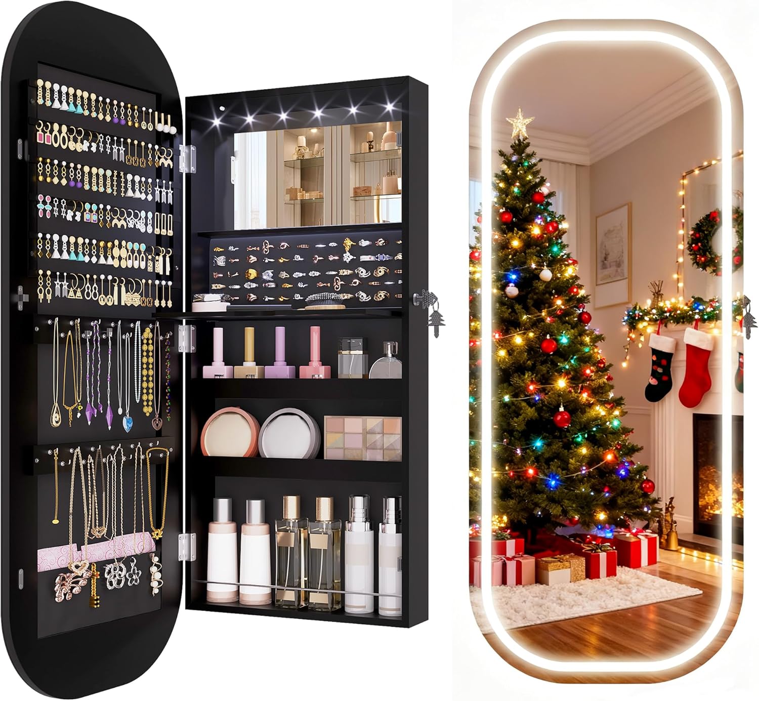 LVSOMT LED Mirror Jewelry Cabinet, Wall/Door Mount Jewelry Mirror Organizer, Rounded Full Length Mirror with Storage, Lockable Jewelry Armoire, 16" Wide, Foldable Shelf, Interior Mirror, Black
