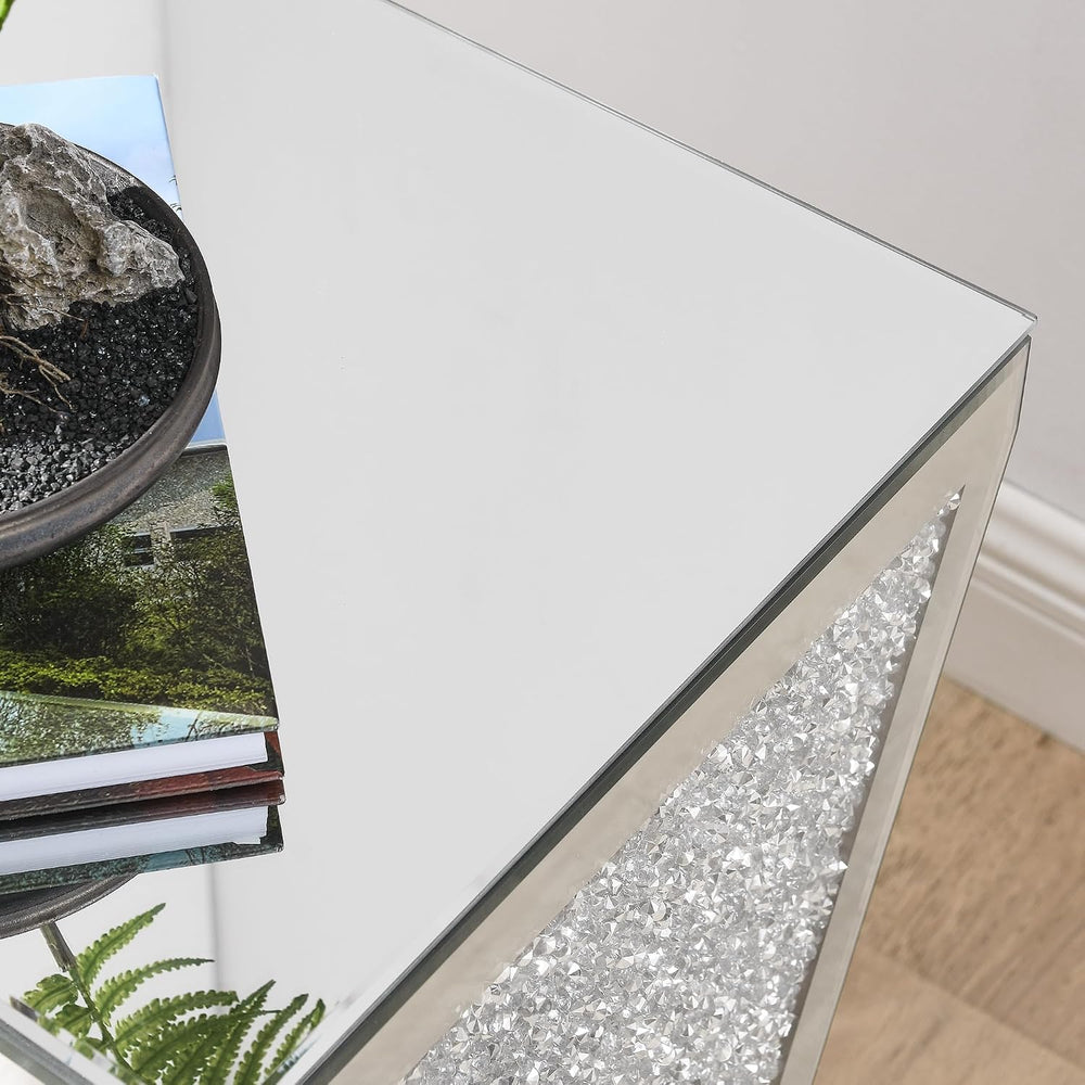 SOFTSEA Mirrored Square End Table with Crushed Diamond Design, Silver Inverte...