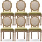 Rattan Back Upholstered Dining Chairs Set of 6 French Country Oval Kitchen Side Chairs with Wood Legs for Dining Room, Kitchen, Restaurant(Olive Green-Rattan)