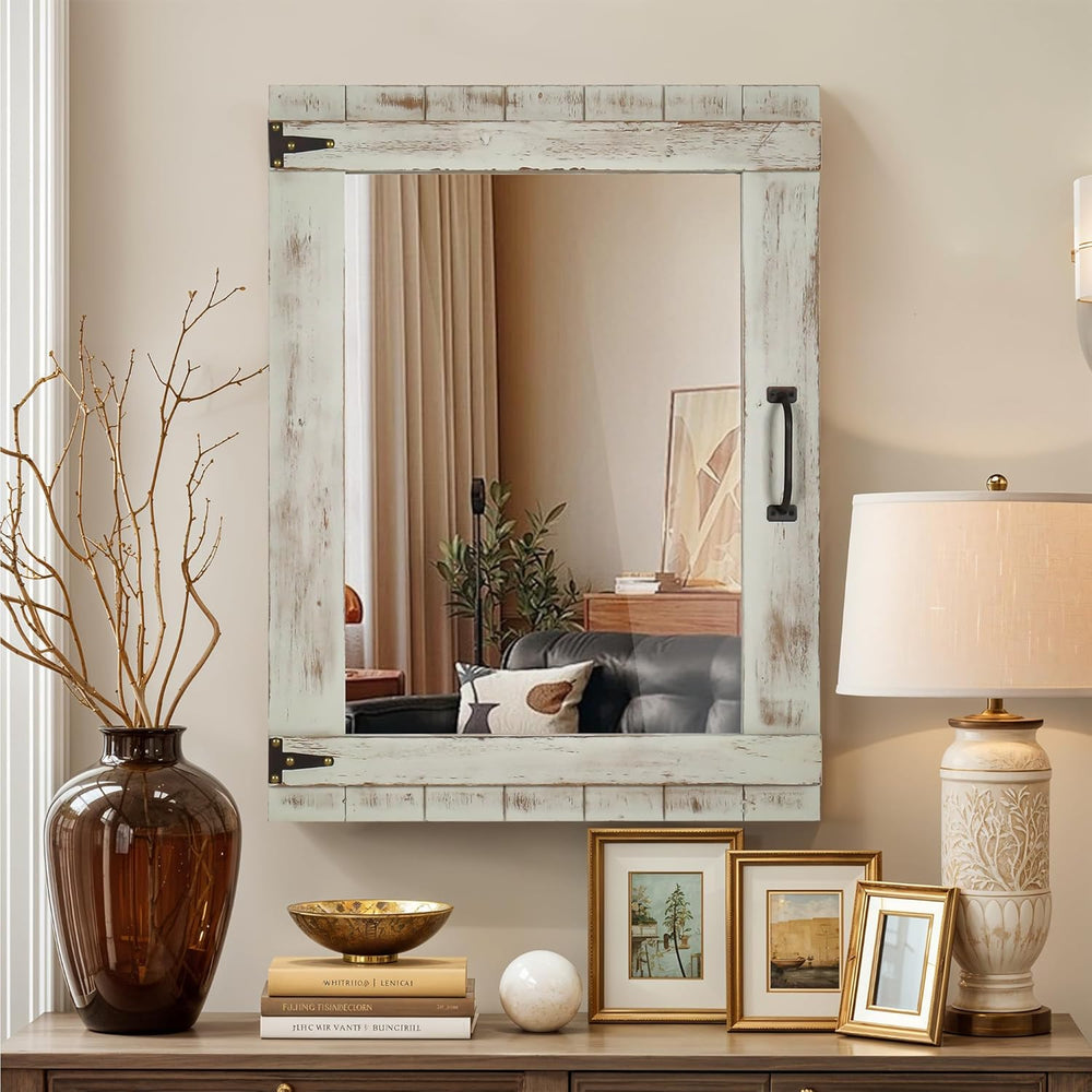 Oakrain Farmhouse Mirror, 24x32 Inch Distressed Gray Wood Frame with Black Me...