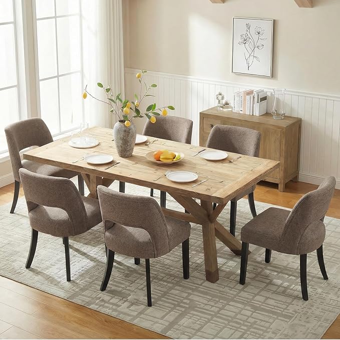 keoni Wooden Dining Chairs Set of 6, Mid Century Modern Upholstered Dining Room Chairs with Black Wood Legs, Fabric Farmhouse Kitchen Chairs with Foot Pegs for Dining Room, Brown