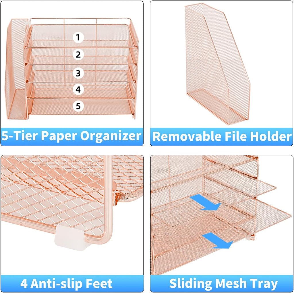 OPNICE 5-Tier Paper Organizer with Magazine Holder, Desk Organizers and Accessories, Office Desk Accessories & Workspace Organizers, Desktop File Organizer for Office Supplies Storage, Rose Gold