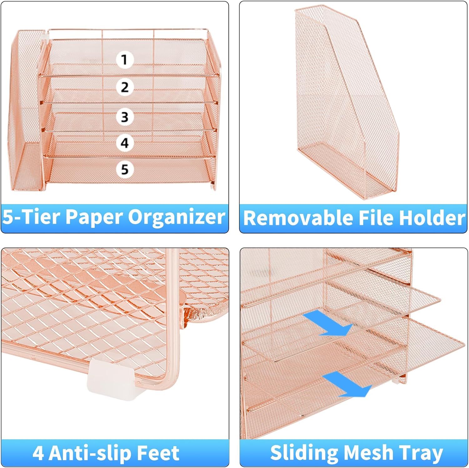 OPNICE 5-Tier Paper Organizer with Magazine Holder, Desk Organizers and Accessories, Office Desk Accessories & Workspace Organizers, Desktop File Organizer for Office Supplies Storage, Rose Gold
