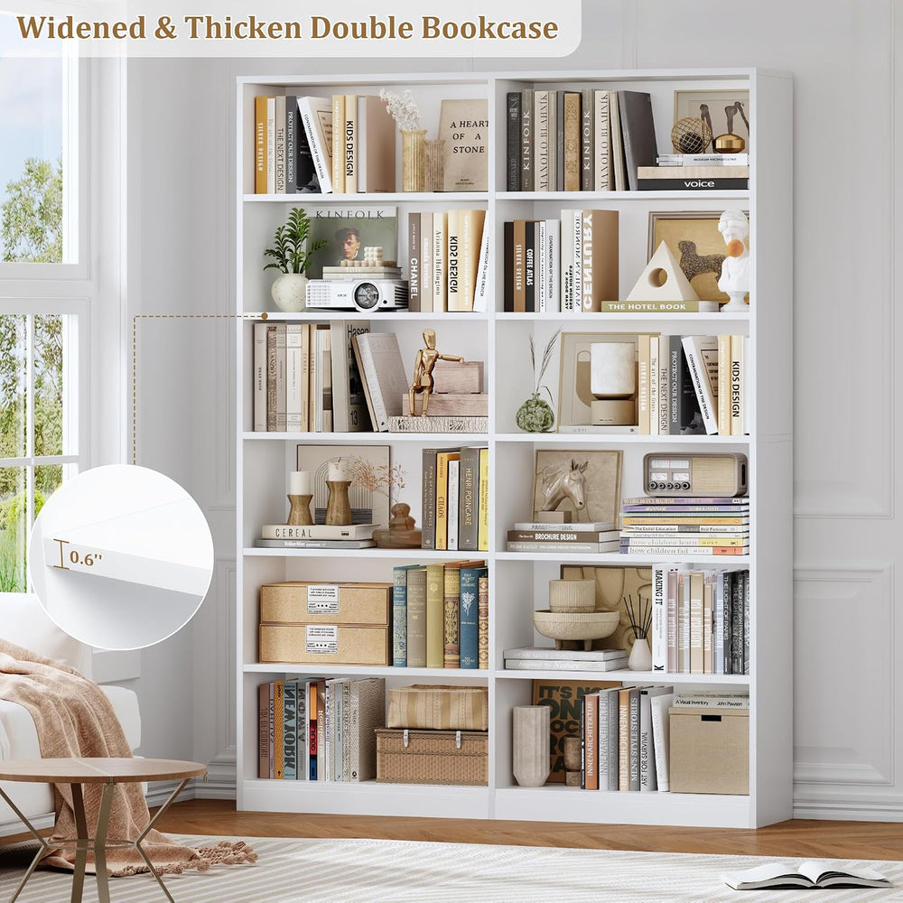 FACBOTALL Bookshelf Tall Bookcase, 6-Tier Double Wide Bookshelves, White