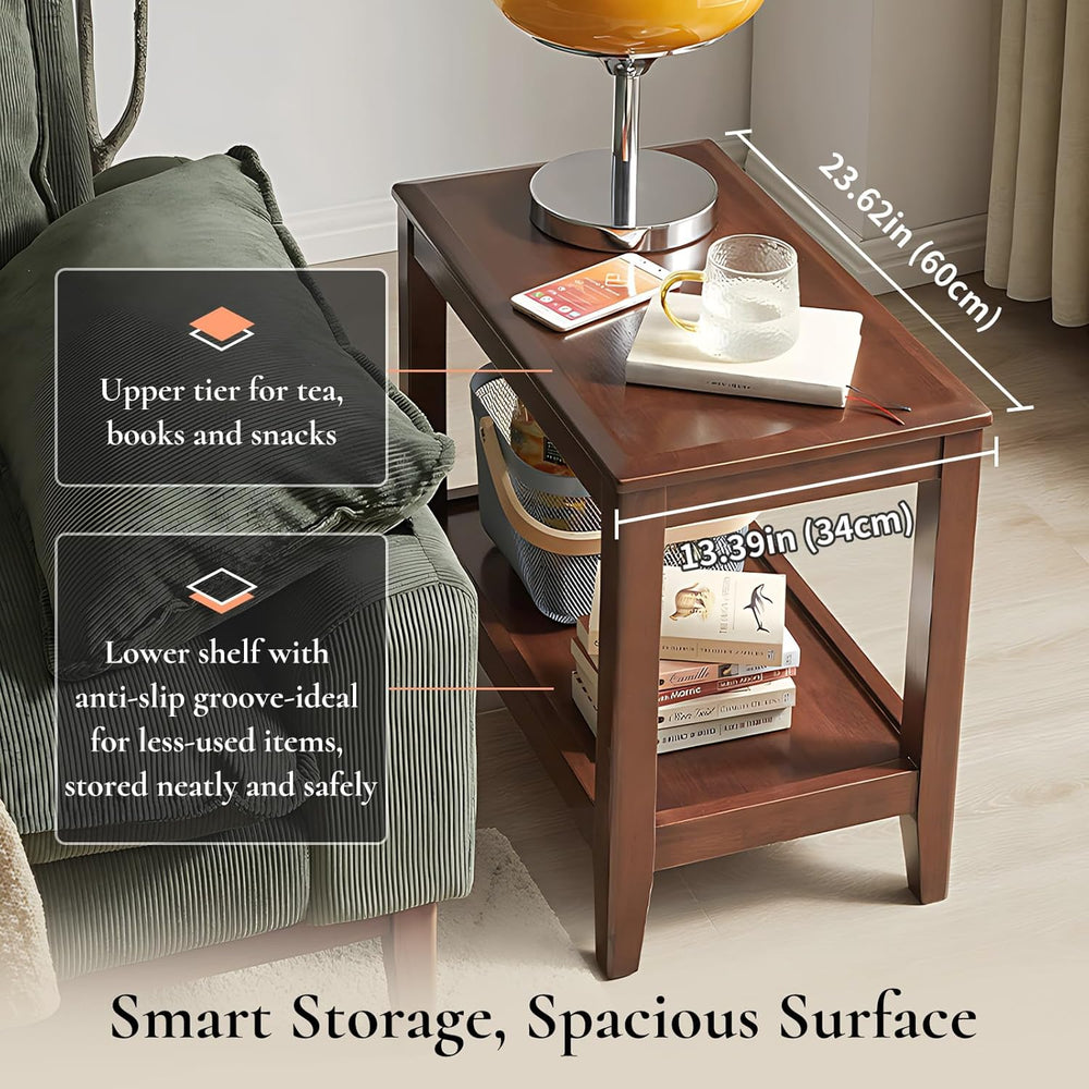 Side Table, Solid Wood Rectangular End Table with Storage Shelf, 2-Tier Coffe...