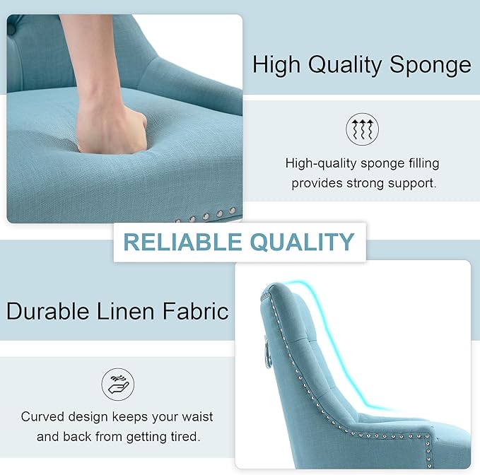 Modern Leisure Linen Dining Chairs Set of 2, Upholstered Dining Chair with Solid Wood Legs, Mid-Century Dining Room Chairs with Pull Ring and Tufted Backrest, Light Blue