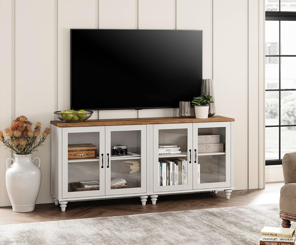 WAMPAT Farmhouse TV Stand for 75 inch TV with 4 Glass Doors, Wood TV Stand wi...