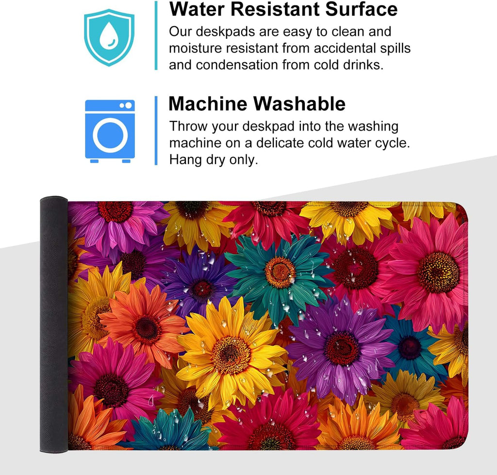 Colorful Floral Mouse Pad – Large Extended Desk Mat 35.43 x 15.75 in – Bright Rainbow Sunflower Design, Non-Slip Rubber Base, Waterproof Surface, Oversized Keyboard & Mouse Pad for Office or Gaming