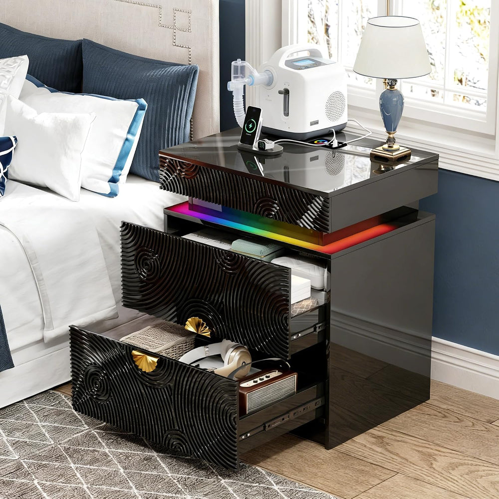 WOOVIVS Bedside Table with 2 Drawers and Sliding Top, RGB Color Changing Ligh...