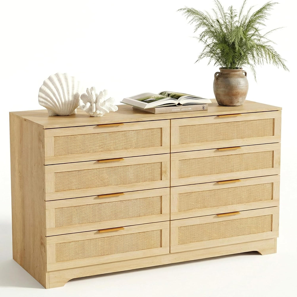HOPUBUY Living Room Table Sets, Boho Large Drawer | Natural,Rattan TV Stand C...