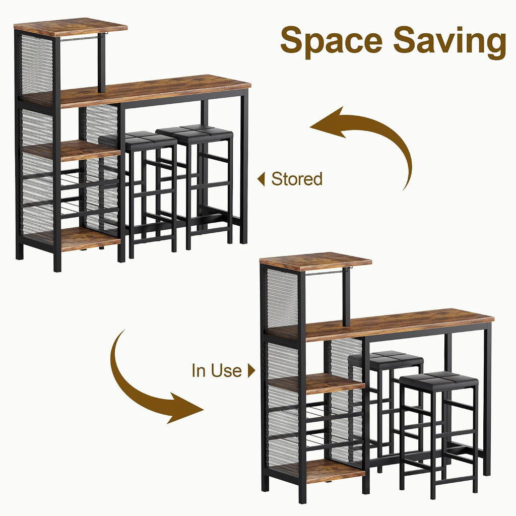 VECELO Bar Table and Chairs Set for 2, 3-Piece Dining Set with Storage Shelves, Cup Holder & Wine Rack, PU Leather Cushion Stools, for Kitchen Small Space, Brown