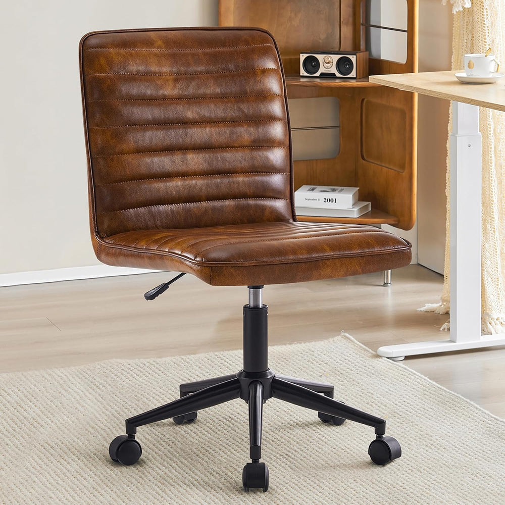 Furnimart Armless Swivel Rolling Desk Chair, Adjustable Faux Leather Vanity C...