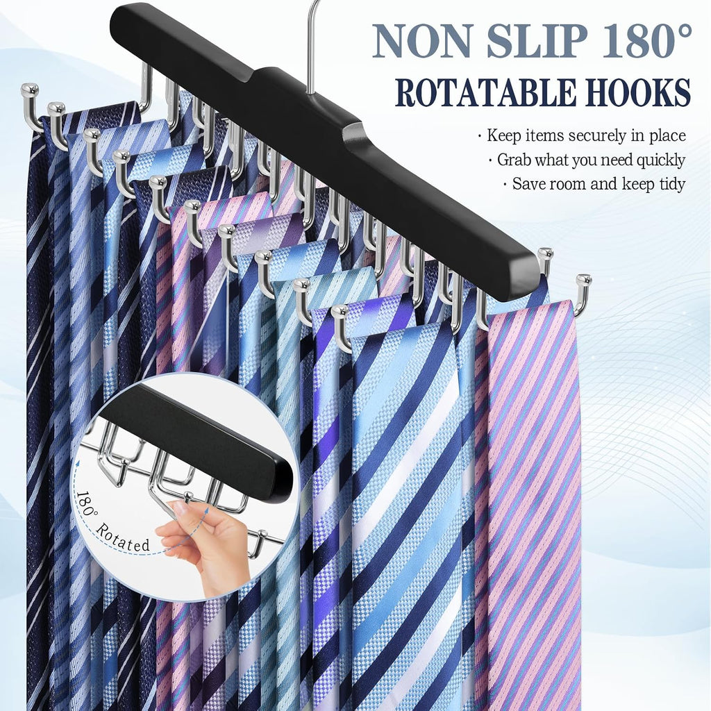 Tie Rack Hanger for Closet Fitnice Upgraded Non Slip Tie Holder Organizer Space Saving with 20 Foldable Hooks Wooden Belt Hanger for Tank Tops Bras Cami Scarves,Black