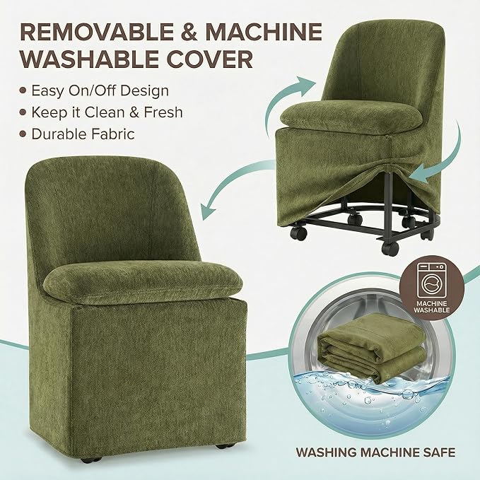 Upholstered Dining Chairs with Casters, Washable Cover Modern Dining Room Chairs with Thick Cushion & Sturdy Metal Frame for Kitchen, Living Room, Dressing Room, Green Fabric, Set of 2