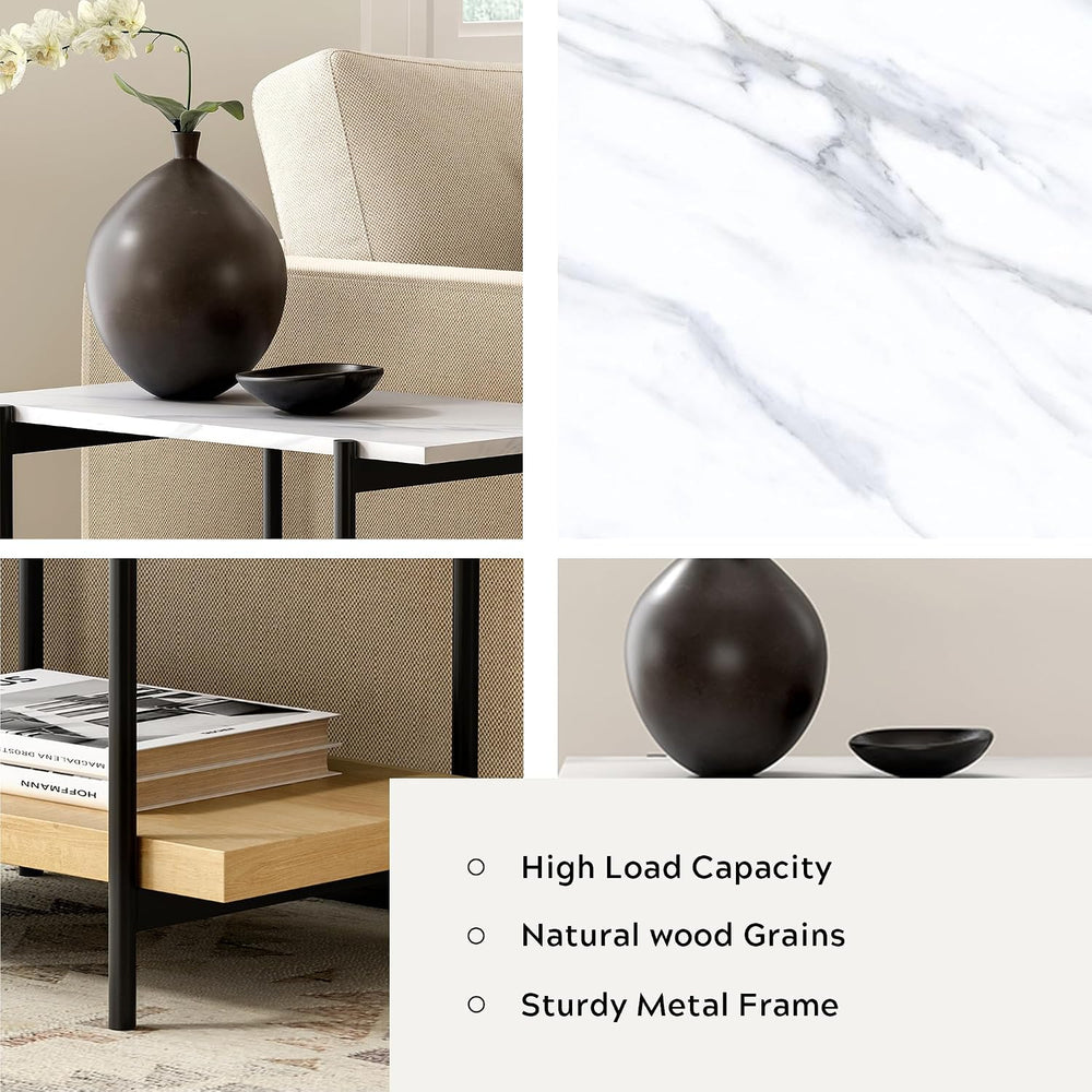 End Table with 2 Tier Wood Open Shelf, Rectangular Sofa Side Table with Metal...