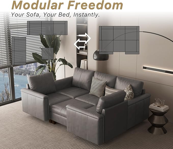 SITJOY Faux Leather Modular Sectional Sofa with Storage, Mid Century Modern Sectional Couches for Living Room, Soft Padded Armrests, 6 Seat Couch and Loveseat Sets with Ottoman, Gray