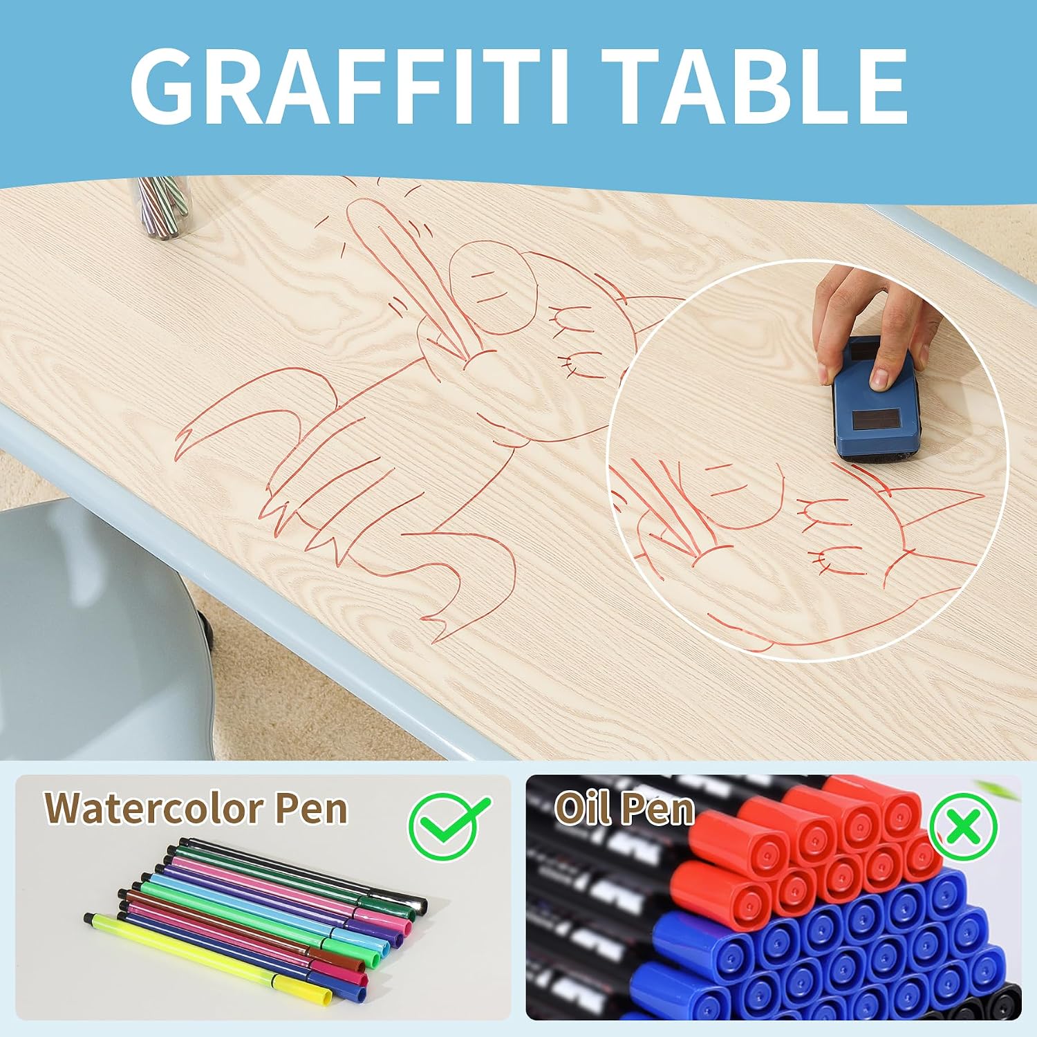 Hulaibit Toddler Table and Chairs, Kids Table and 4 Chairs Set with Graffiti Desktop, Height-Adjustable Kids Study Table for Boys and Girls Aged 3-8, Max 300lbs