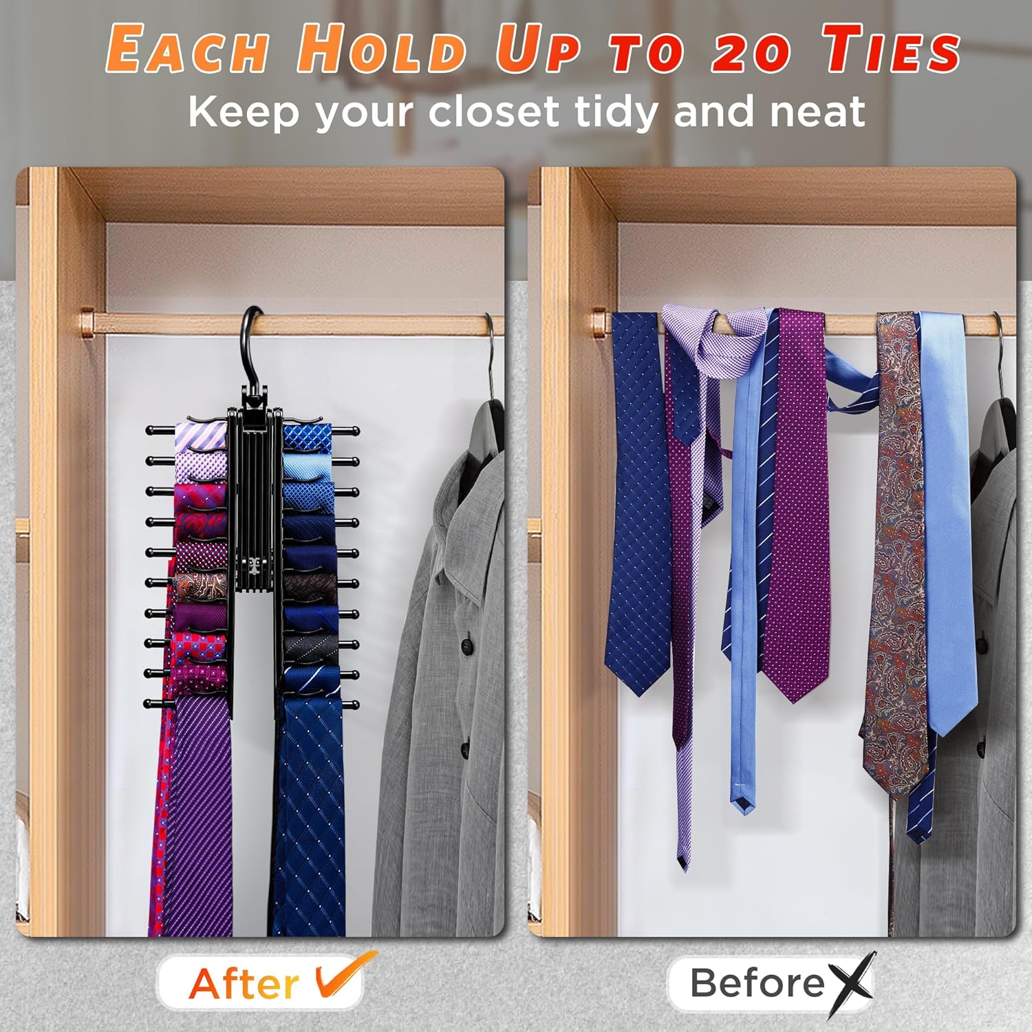 IPOW Upgraded 2 PCS See Everything Cross X 20 Tie Rack Holder,Rotate to Open/Close Tie and Belt Hanger with Non-Slip Clips,360 Degree Swivel Space Saving Organizer