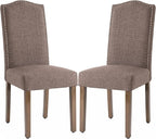 Upholstered Dining Chair Modern Stylish Parsons Kitchen Diner High Back with Silver Nailhead Trim & Wood Legs, Set of 2, Fabric Brown