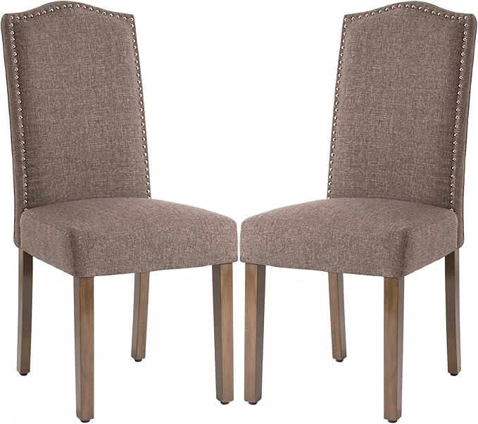 Upholstered Dining Chair Modern Stylish Parsons Kitchen Diner High Back with Silver Nailhead Trim & Wood Legs, Set of 2, Fabric Brown