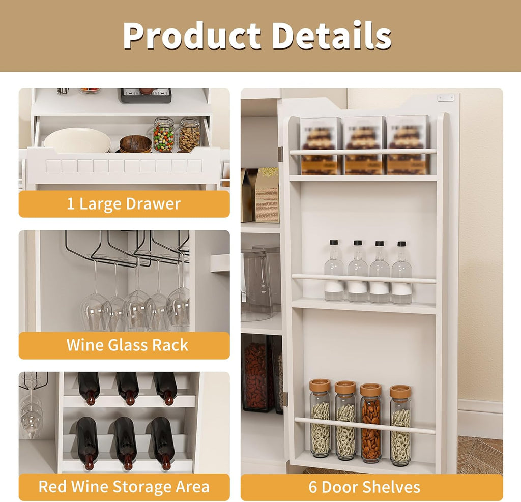 HRVEOCEI 71" Pantry Cabinets for Kitchen Storage, White Farmhouse Kitchen Hutch Cabinet with Open Shelving, Tall Freestanding Food Pantry & Pantries with Drawer for Dining Room (Cabinet)