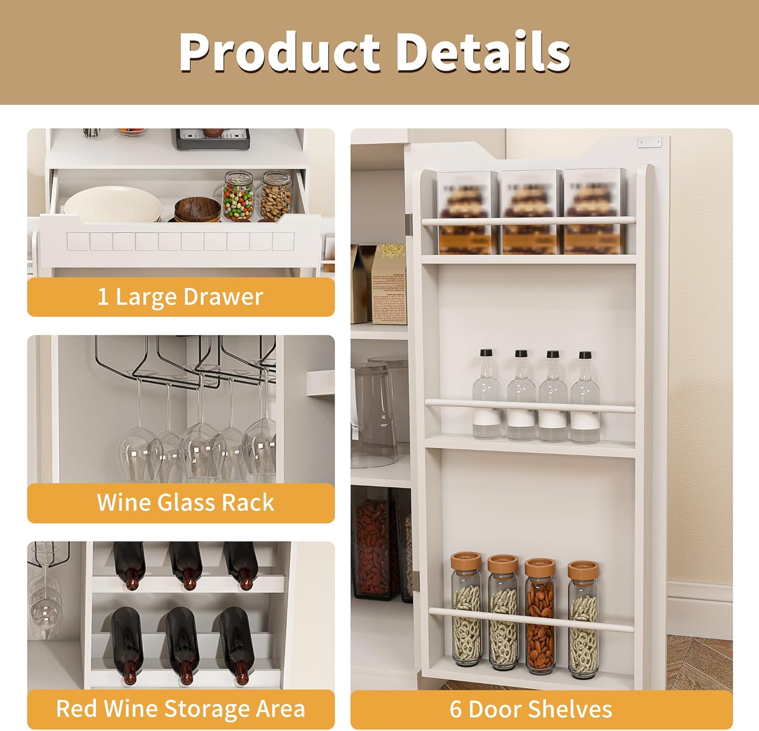HRVEOCEI 71" Pantry Cabinets for Kitchen Storage, White Farmhouse Kitchen Hutch Cabinet with Open Shelving, Tall Freestanding Food Pantry & Pantries with Drawer for Dining Room (Cabinet)