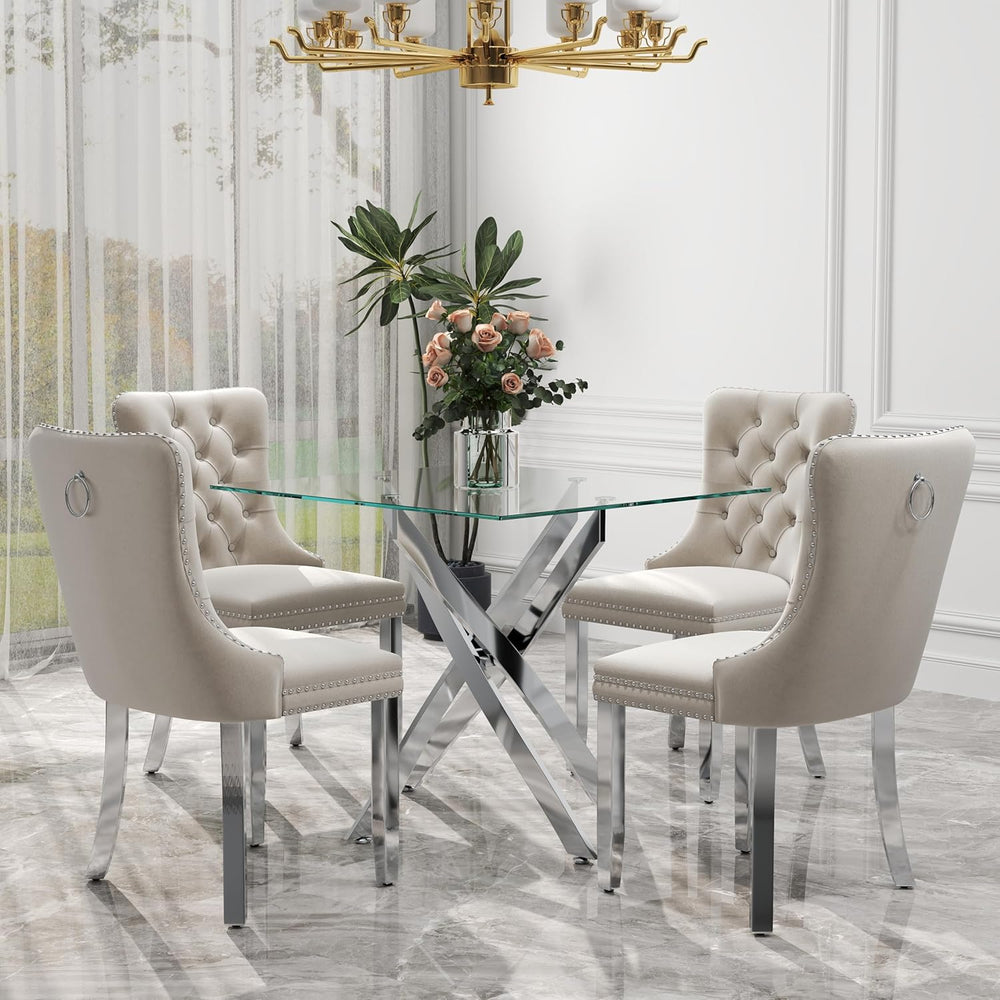 5 Pieces Silver Glass Dining Table Set, Modern Luxury Square Kitchen Table Se...
